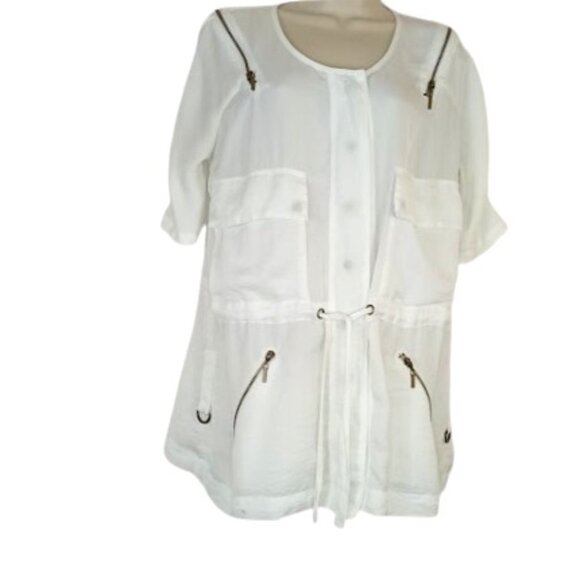 Adam Jacobs Womens Snap Front Cargo Jacket White Drawstring Lightweight Satin L - Picture 1 of 4